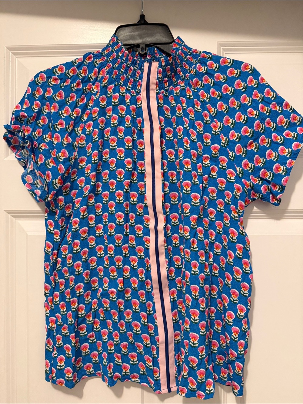 THML Blue Floral Blouse with Pink Center Stripe